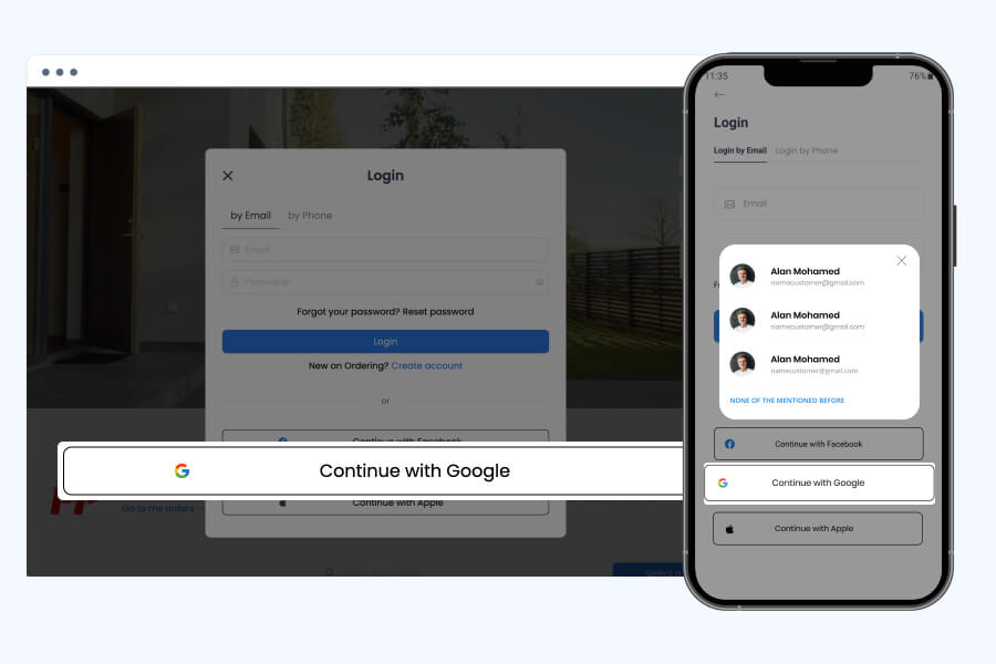 Ordering.co Feature:  Google Login (Android Apps & Website)
